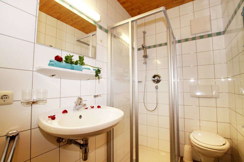 Bathroom with shower and WC in room 1 in the Astrid holiday home in Tyrol